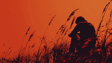  A silhouette of a person sitting in a field of tall grasses at sunset with a vivid orange and red sky creating a dramatic and contemplative atmosphere