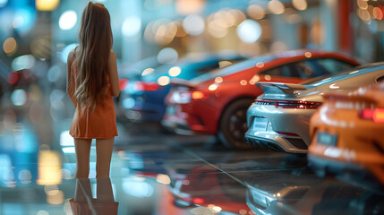 Excited Young Woman Comparing Car Models for First Purchase   High Resolution Photo Realistic Image Highlighting Thorough Research and Excitement with Glossy Backdrop
