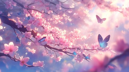 Serene Sakura Blossom Garden: Dreamy Pink Fantasy with Butterflies