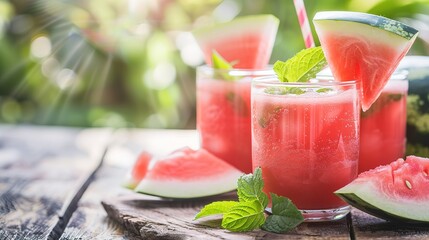 Refreshing summer delight: watermelon juice with mint on a rustic wooden table