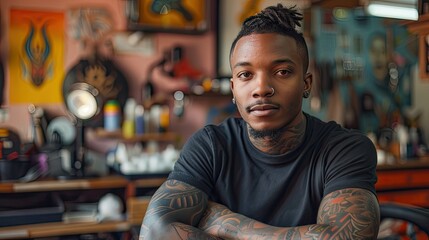 Tattooed man sitting at a table