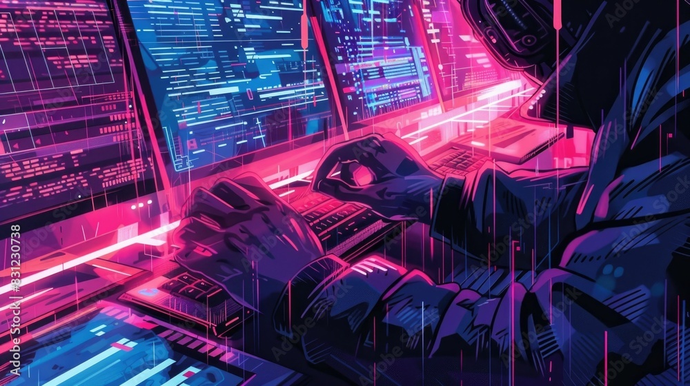 Poster hands executing cryptocurrency transactions on a futuristic digital platform with neon lights data v