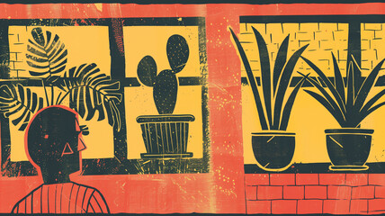 A stylized illustration featuring a person looking at houseplants through a window with bold lines and warm colors creating an artistic and cozy interior scene