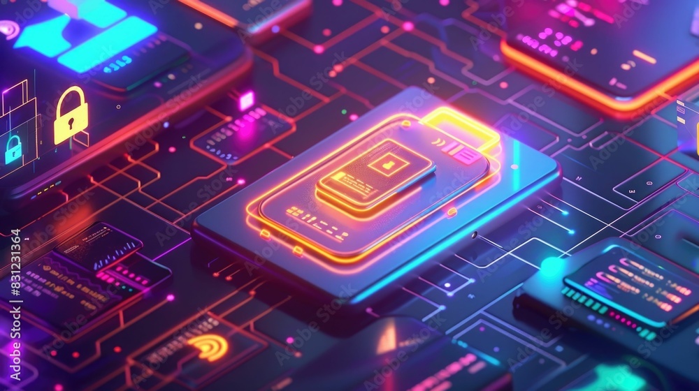 Poster secure digital payment encryption technology highlighted on futuristic device interface with neon gl