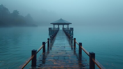 A long wooden pier extending into the calm sea, with an empty gazebo at the end and metal railings on the sides, under a cloudy sky, creating soft lighting and emphasizing details like waves and islan