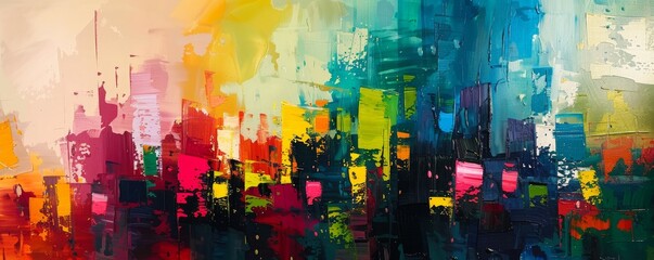 Colorful modern art piece depicting a lively urban skyline with textured brushstrokes