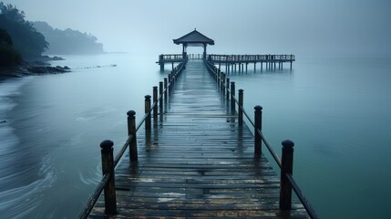 Fototapeta premium A wooden pier extending into the calm sea, with a gazebo at the end and metal railings, under a cloudy sky, creating an atmosphere of peace and solitude.