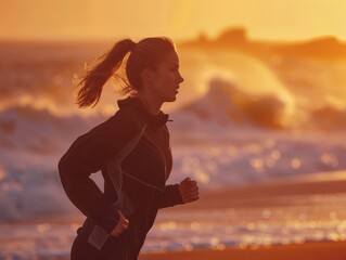 Woman Running Along a Beach at Sunset