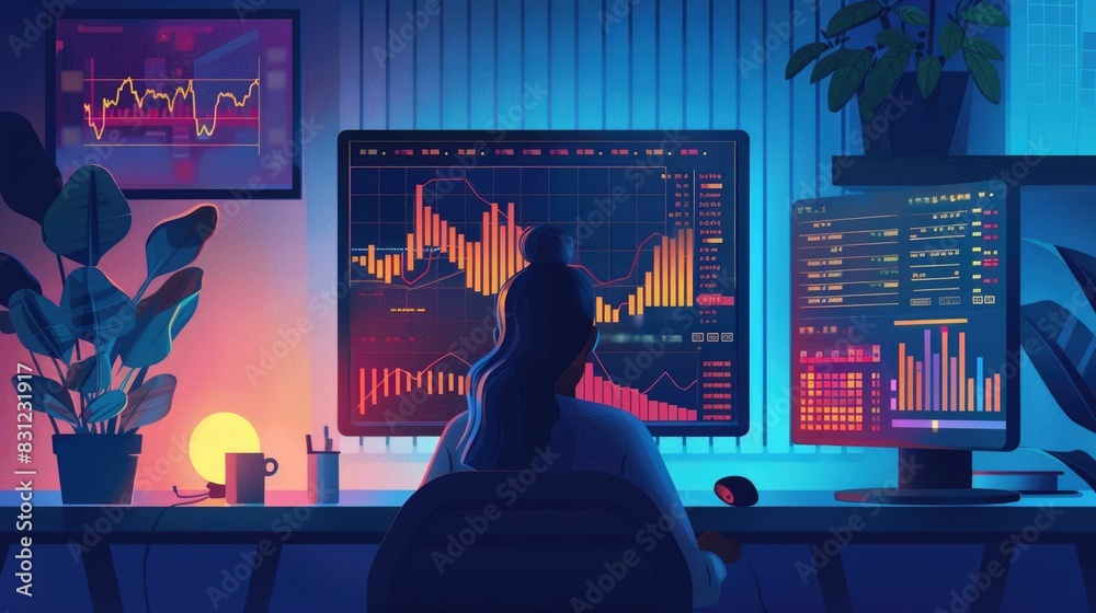Poster analyzing trading trends and data on a computer screen a depicting the monitoring and evaluation of 