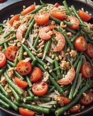 Close-up of a vibrant plate of som tam with shredded green papaya, featuring fresh tomatoes, long beans, dried shrimp, crushed peanuts, and a tangy li