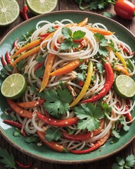 Close-up of a vibrant plate of som tam with shredded green papaya, featuring fresh tomatoes, long beans, dried shrimp, crushed peanuts, and a tangy li