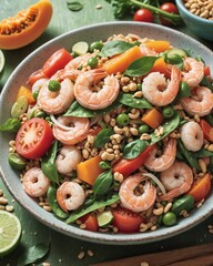 Close-up of a vibrant plate of som tam with shredded green papaya, featuring fresh tomatoes, long beans, dried shrimp, crushed peanuts, and a tangy li