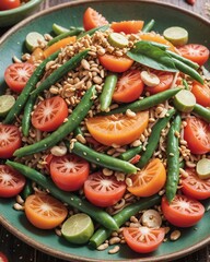 Close-up of a vibrant plate of som tam with shredded green papaya, featuring fresh tomatoes, long beans, dried shrimp, crushed peanuts, and a tangy li