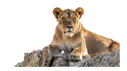 Obraz premium Lioness sitting on a rock isolated on a transparent background, PNG, Ai