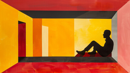 A silhouette of a man sitting alone in a room with vibrant yellow, orange, and red walls, creating a striking contrast.