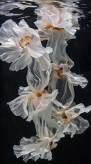 underwater flowers with delicate transparent petals, on a dark background	
