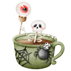 cute skull skeleton with eyeball and spider in cup of coffee , Halloween element clipart decoration.