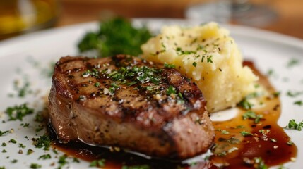 Juicy pork steak garnished with herbs and served with mashed potatoes, epitomizing comfort food at its finest