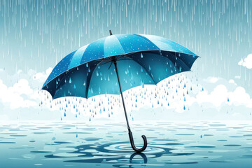 Aesthetic Blue Umbrella in Rain for Book Cover. Melancholic Blue Umbrella Illustration in Rain. Ai Generativ 