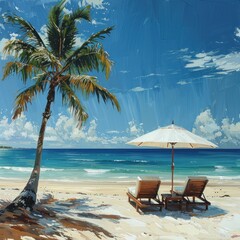 Obraz premium Beautiful tropical beach with two sun loungers under umbrellas. The white sand is covered in palm tree style and there are no people around. It feels peaceful and relaxing.