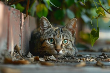 Obraz premium Vigilant tabby cat with captivating green eyes hiding behind leaves, peering intently