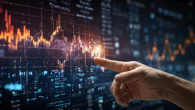 A hand pointing at digital interface with various financial graphs, reflecting intricate data analysis or market analytics.