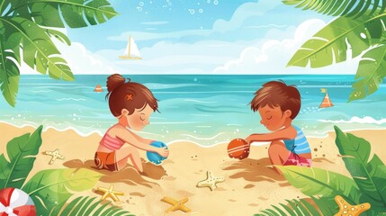 Cheerful Children Playing with Beach Toys and Creating Cherished Memories in the Idyllic Tropical Seaside Setting