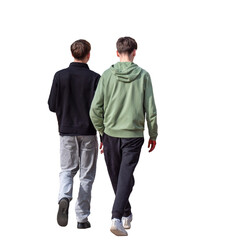 Vue de dos de deux adolescents marchant ensemble au printemps, portant des sweats à capuche et...