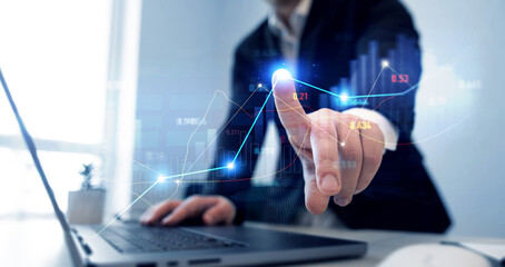 Fototapeta premium Businessman draw growth graph and investment analysis. Financial marketing graph and profit stock market chart.Business increase, profit,goal,grow,analysis, development and success. 