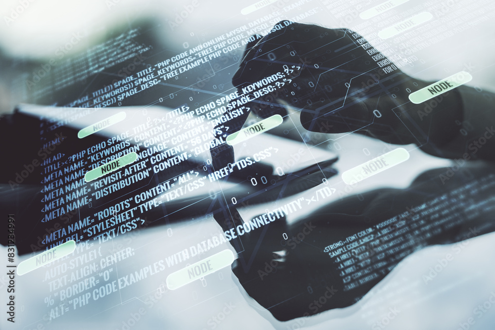 Aufkleber double exposure of abstract creative programming illustration and finger clicks on a digital tablet 