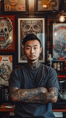 Fototapeta premium A man with tattoos standing outside a bar