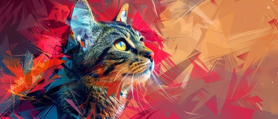 Stylish American Shorthair Cat artwork, vibrant pop art, colorful geometric patterns copy space, futuristic, multilayer, modern interior backdrop
