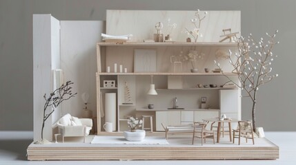 Miniature model of a minimalist studio apartment, featuring multifunctional furniture, clever storage solutions, and minimalist decor, maximizing space in a small footprint