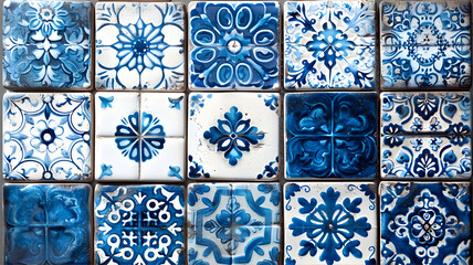Ceramic tiles with white and blue pattern, generation ai