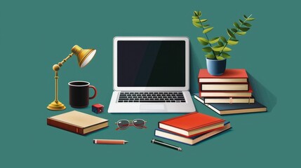 Remote Learning Setup with Laptop Textbooks and Other Educational Supplies for Distance or Online Education
