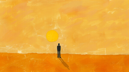 A minimalistic painting of a solitary figure standing in a vast desert under a large yellow sun conveying themes of isolation and vastness with a warm color palette