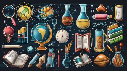 This comprehensive showcases a diverse array of iconic symbols and tools representing various academic disciplines and school subjects including math science art and history The collection features a
