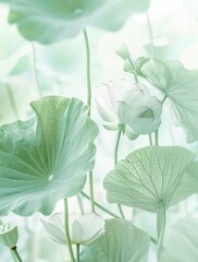 closeup of lotus leaves with light green and white colors against a white background