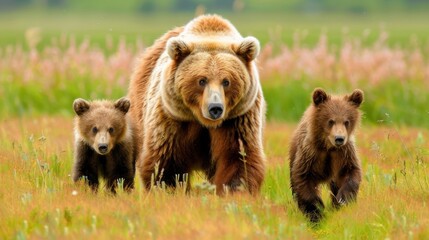 Fototapeta premium mother bear and cute baby bear, happy bear family,