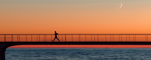 black silhouette of a one runner on the bridge against an orange and pink sky at dusk