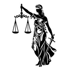 Justice Goddess Themis, Lady justice, Illustration of a Themis goddess isolated on white background, lawyers, business law firm. Blindfold woman holding scales and sword. Vector illustration.