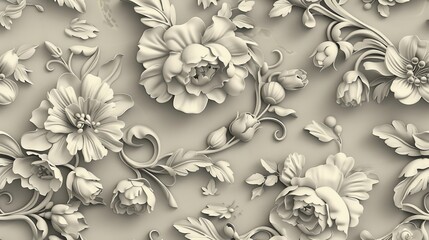Intricate floral pattern with detailed 3D relief design in shades of beige. Perfect for backgrounds, wallpapers, and decorative projects.