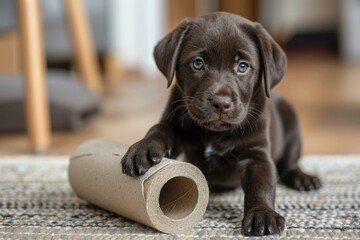 Cute chocolate labrador puppy lying on a rug, playing with a cardboard tube