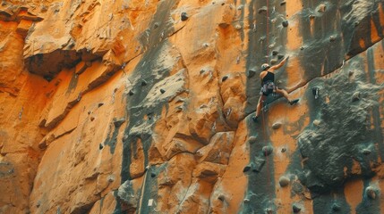 A rock climbing wall with a climber in mid-ascent, highlighting the physical and mental challenges of the sport.