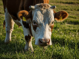 A cow is walking through a field of grass