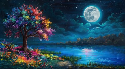 a colourful tree with vibrant flower on the grass at the side of river with the backgroud of full moon at night