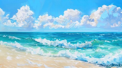 Obraz premium painting of a sea beach with turquoise water and white clouds
