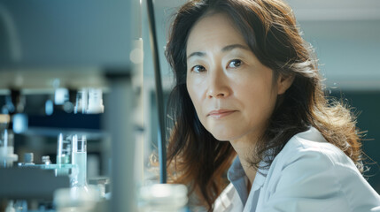 Confident female scientist in laboratory. Portrait of a focused mature woman in a lab coat, working in a modern research laboratory.