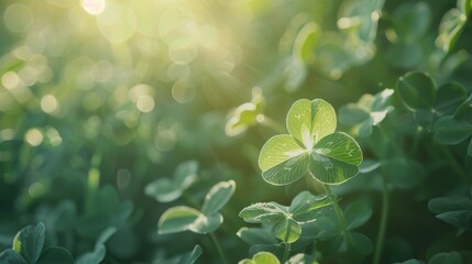Four-leaf clover in natural sunlight, gently swaying with a breeze, representing serendipity and good fortune. Ideal for nature and luck-related visuals