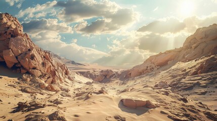 A rocky desert landscape with towering sand dunes and a dramatic sky filled with clouds. 8k, full ultra HD, high resolution, cinematic photography